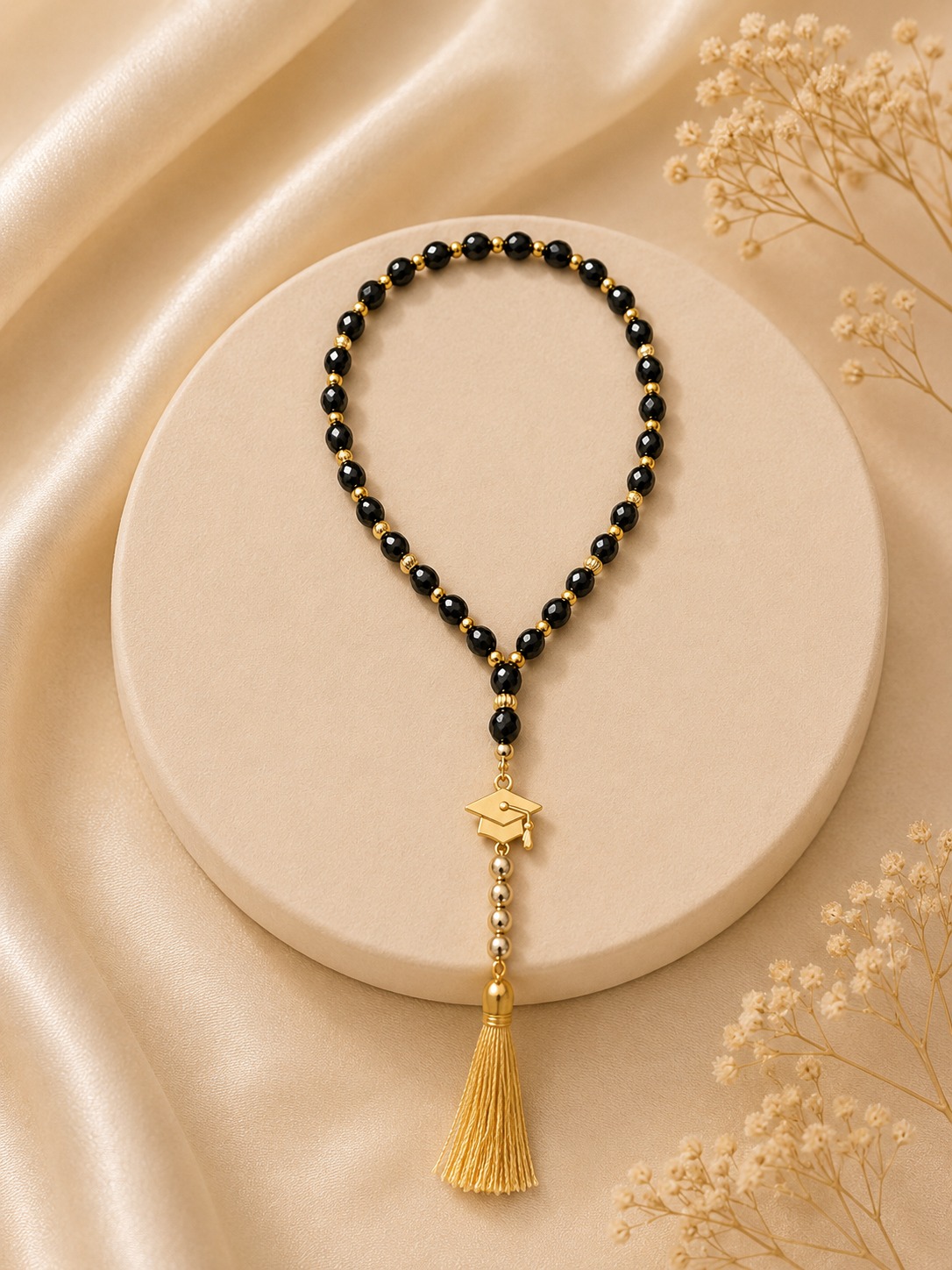 Black and gold obsidian graduation dhikr beads, 8 mm