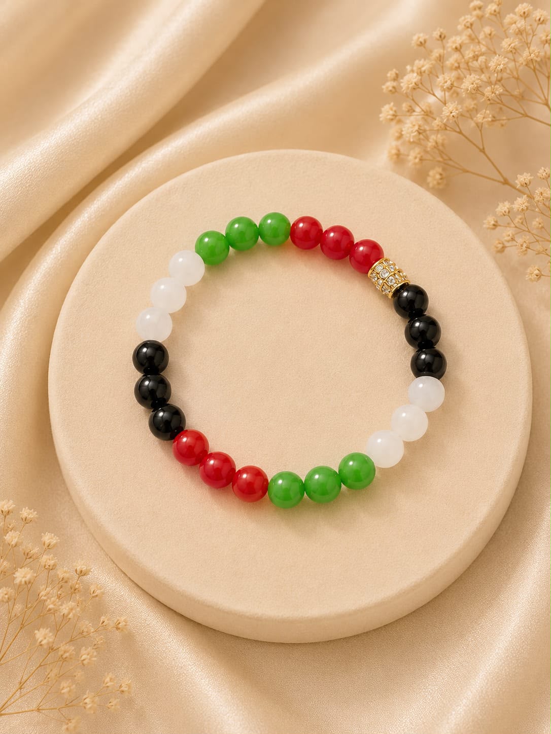 Bracelet - white, green and rose red Jade, Onyx, 8 mm